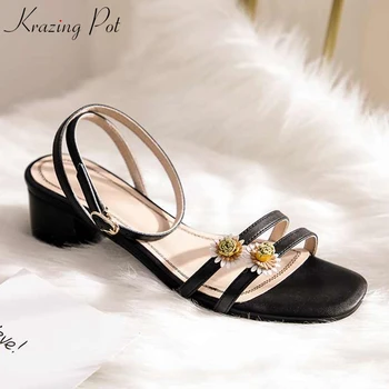 

Krazing pot microfiber natural skin flowers daisy decoration med heel streetwear peep toe vintage design ankle strap sandals L69