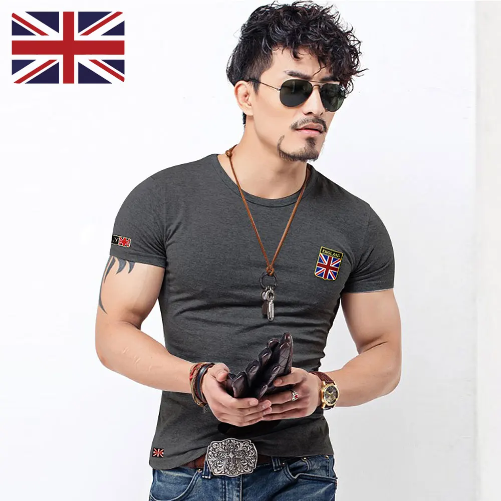 Новое поступление, Мужская футболка с флагом, летняя мода, британский флаг, вышивка, Мужская облегающая футболка с v-образным вырезом, брендовая мужская хлопковая забавная футболка - Цвет: O neck Dark Gray