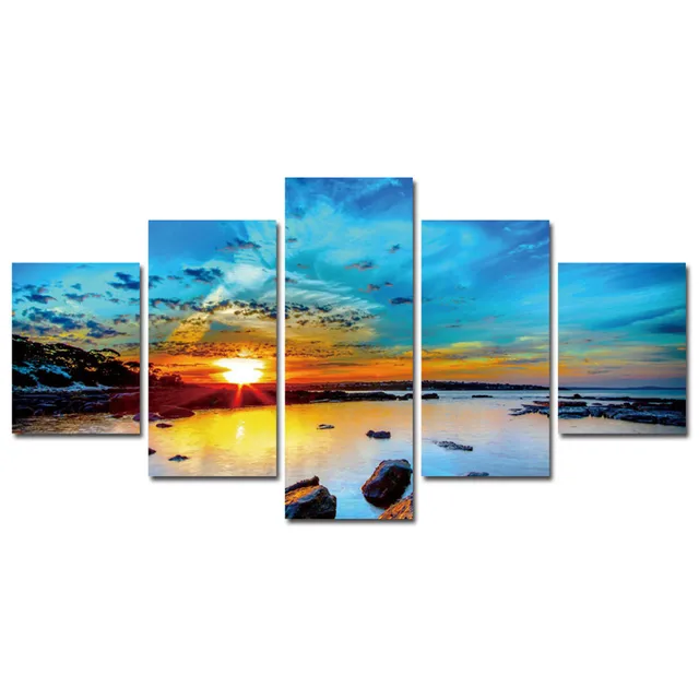 Hd Print 5 Pcs Art Sunrise Sea Beach Painting Home Wall Decor Hd Print 5 Pcs Art Sunrise Sea Beach Painting Home Wall Decor On Canvas