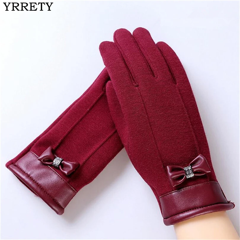 

YRRETY Winter Warm Ladies New Fashion Women Cashmere Bowknot Soft Covered Finger Gloves Female Touched Screen Girls Mittens