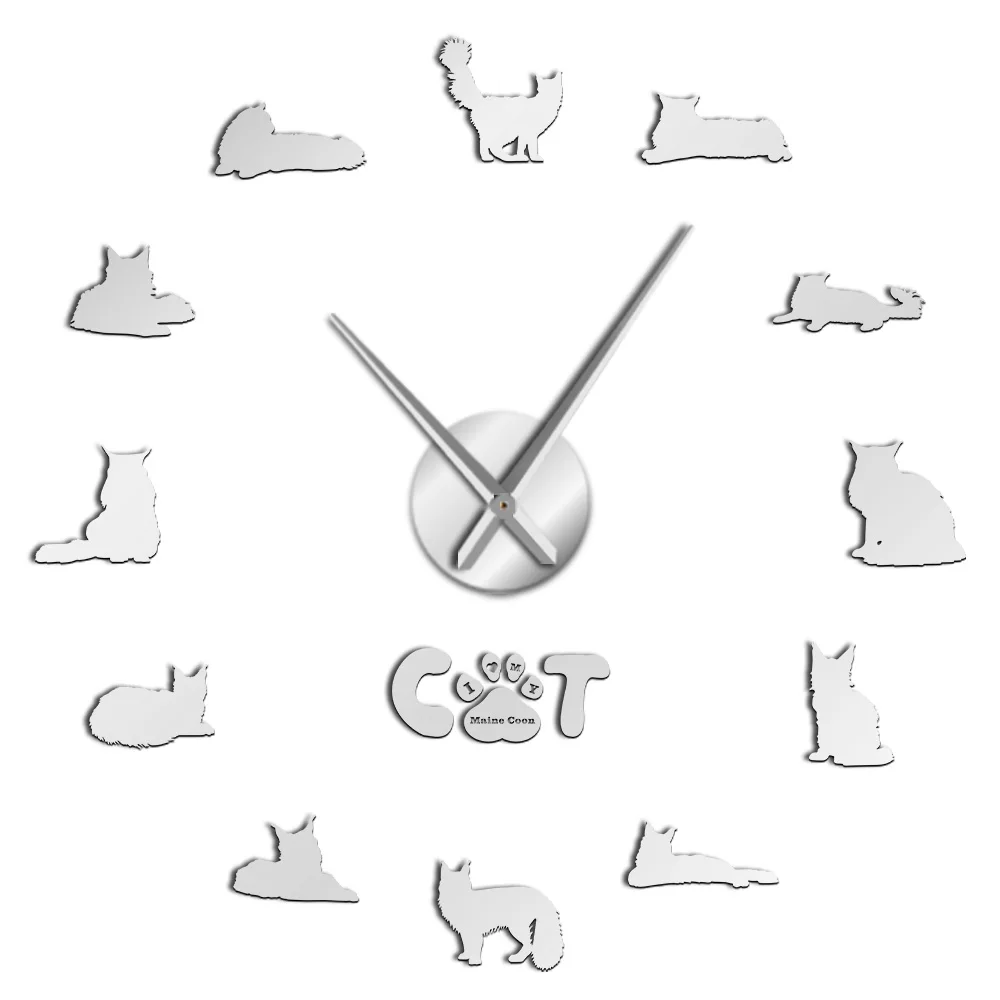 Портрет кошки мейн-кун 3D акриловые DIY настенные часы котенок порода животные немой часы с зеркальной поверхностью подарок для любимого питомца - Цвет: Silver