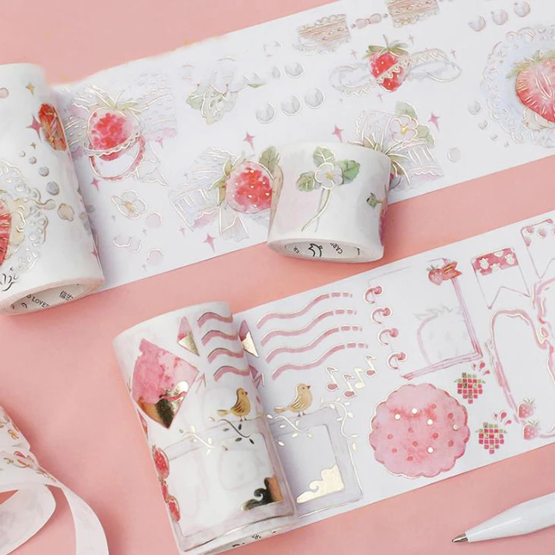 

1 Pcs Kawaii Washi Masking Tapes Strawberry Bronzing Decorative Adhesive Tapes Scrapbooking DIY Paper Stationery Stickers