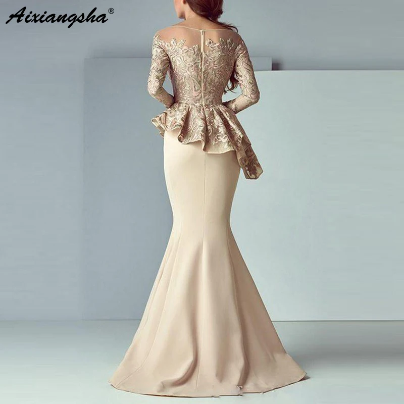 Champagne Mermaid Evening Dresses 2019 Long Evening Gown Long Sleeves Lace Peplum abiye Robe De Soiree Elegant Formal Dress Champagne Mermaid Evening Dresses 2019 Long Evening Gown Long Sleeves Lace Peplum abiye Robe De Soiree Elegant Formal Dress