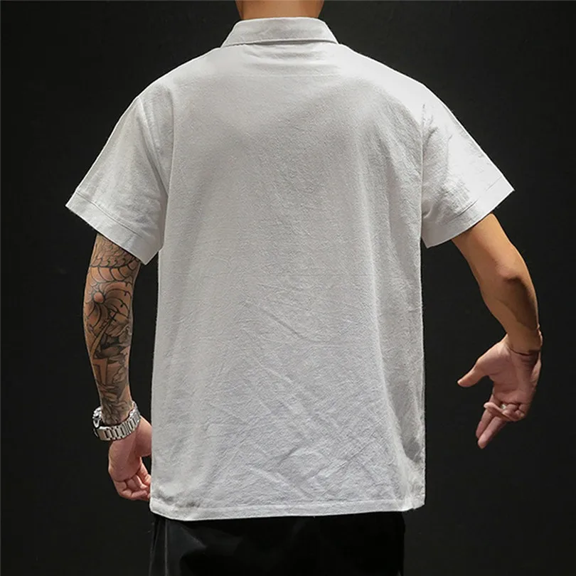 New Fashion Men Summer Cotton And Linen Short Sleeve Solid Color Stand Neck Loose Casual T Shirt Blouse Polo Top #4A24 (8)