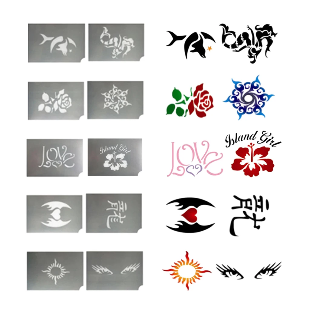 10pcs/Set Reusable Face Paint & Airbrush Glitter Tattoo Stencil Body Painting Facial Makeup Template Drawing Tattoo Design Tools