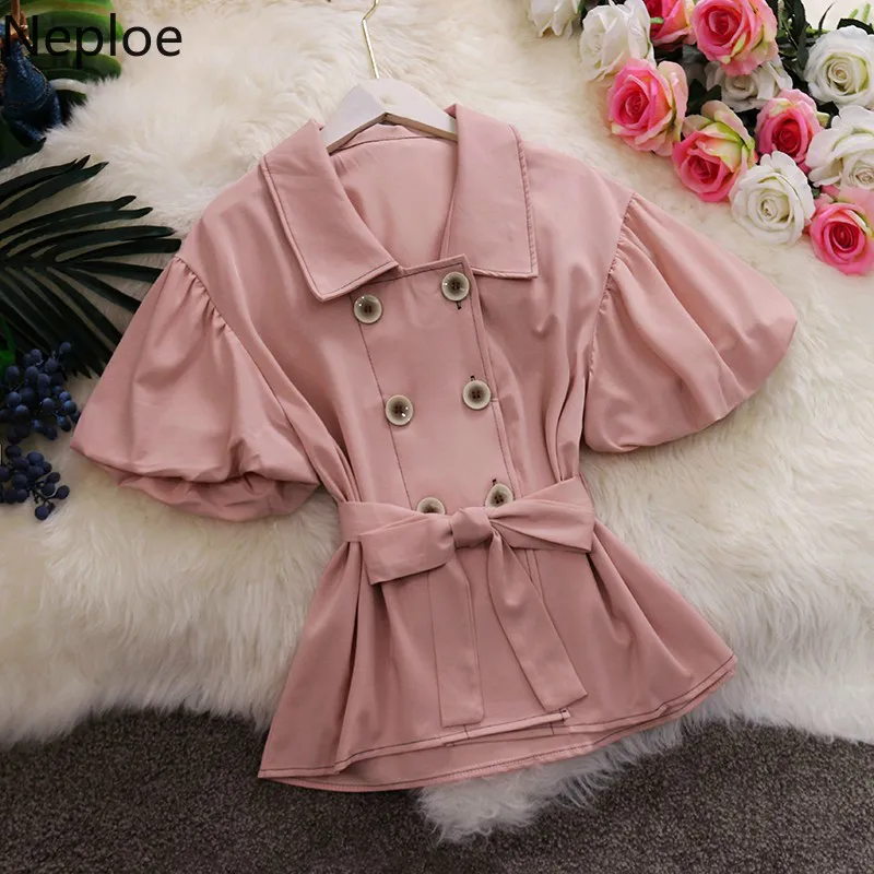 

Neploe Korean Fashion Women Blouses Double-breasted Office Ladies Shirts Elegant Puff Sleeve Tunic Blusas Solid Ruffle Tops