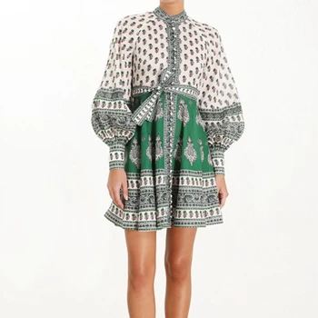 

Woman Green Linen Dress Designer Runway 2019 Ladies Vintage Lantern Sleeve Printed Dresses