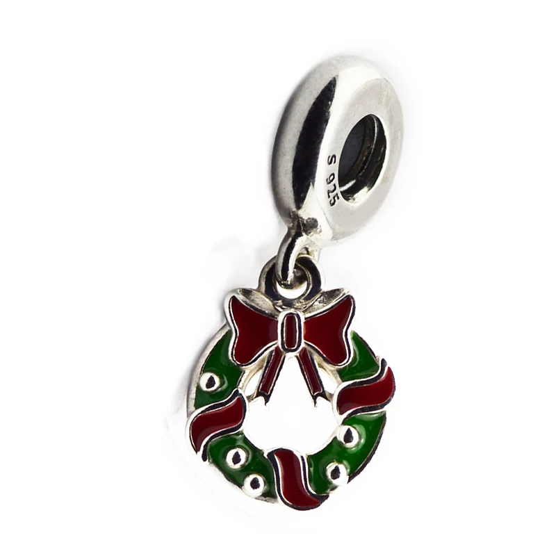 

Holiday Wreath Beads 100% 925 Sterling Silver Mixed Enamel Dangle Charm Beads for Jewelry Making Fit Bracelets Diy PF645