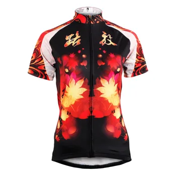 

Women Maple Leaves Short Sleeve Cycling Jerseys Polyester Breathable Bicycle Top Full Zipper Cycling Clothing Black Bike Apparel