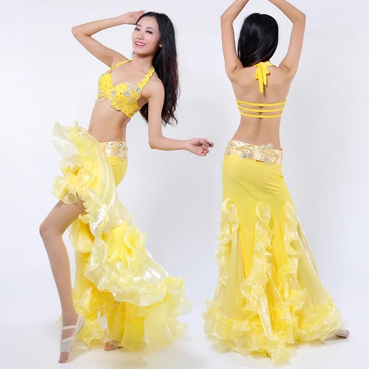 Новое поступление роскошный Восточный набор костюма для танца живота для женщин сексуальный набор для занятий танцами платья 2шт- 3 шт 4 цвета - Цвет: 3pcs Yellow