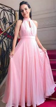 

Pretty Pink Evening Dress Keyhole Front Halter Prom Dresses Long Pleated Floor Length Chiffon Women Formal Wear Dresses
