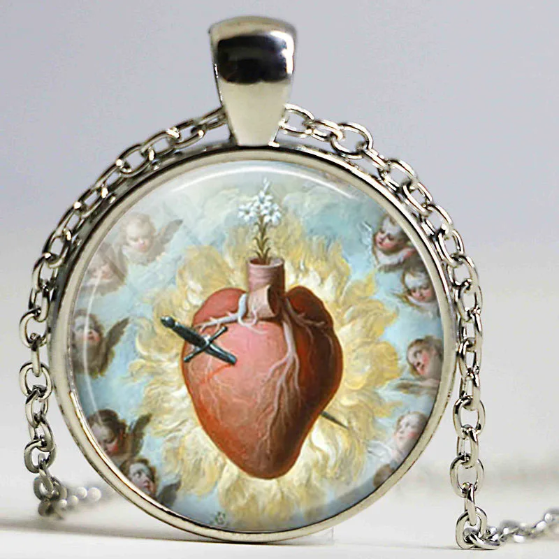 Sacred Heart of Mary Pendant Necklace Glass Dome Mexican Religious Art