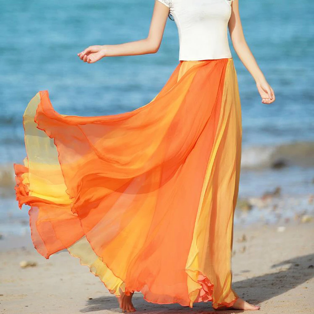 Двухцветная Лоскутная длинная юбка женская мягкая шифоновая юбка эластичная талия пляжная юбка - Цвет: orange  yellow