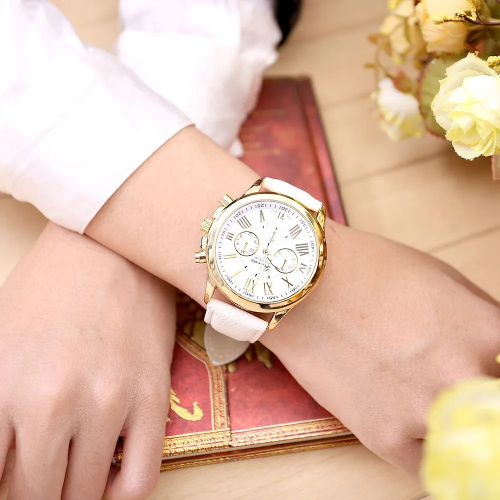 Роскошные модные Geneva повседневные золотые красные женские наручные часы с ремешком из искусственной кожи женские римские цифры искусственная кожа аналоговые кварцевые часы Q