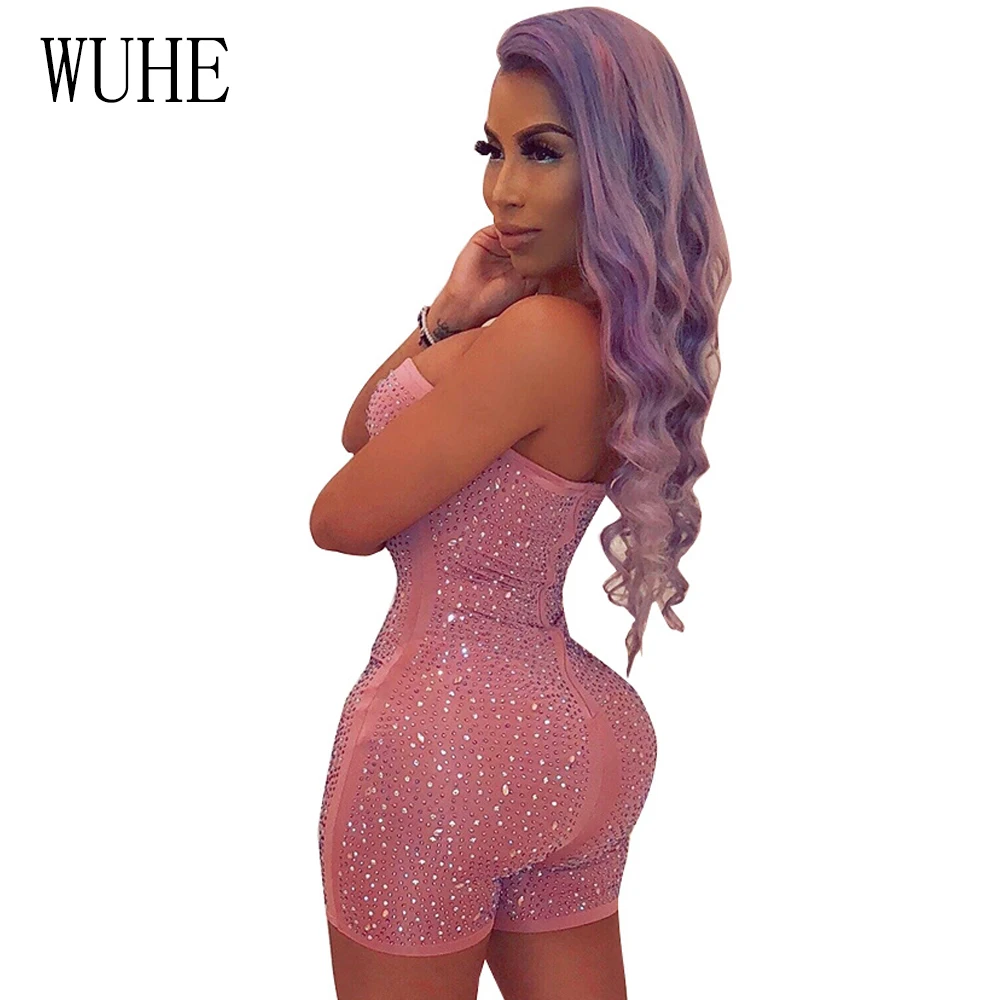 WUHE Rhinestone Diamonds Jumpsuit Sleeveless Off Shoulder Club Party Playsuit One Piece Bodysuit Backless Women Romper Overalls