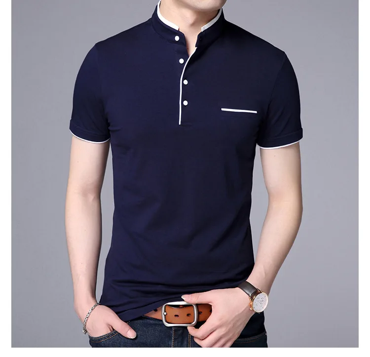 Бренды рубашек-поло мужская одежда летняя хлопковая рубашка с коротким рукавом мужской размера плюс 4XL поло с воротником-стойка рубашки мужская одежда s - Цвет: NBlue
