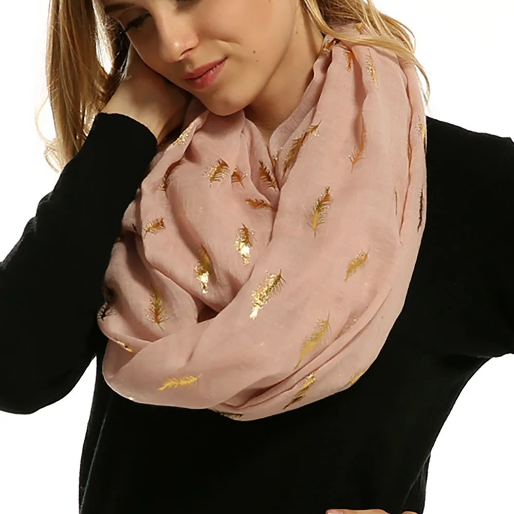 Женский шарф с принтом из бронзовых перьев, женские элегантные круглые шарфы, модный шарф-петля, глушитель бесконечности# L