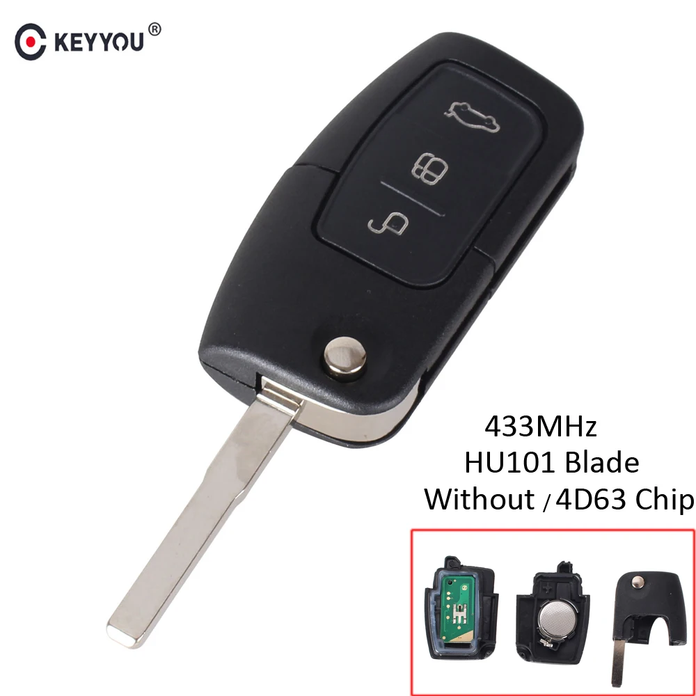 

KEYYOU 3 Buttons Replacement Flip Folding Remote Control Car Key 433MHz For Ford Focus Fiesta 4D63 Chip With HU101 Blade