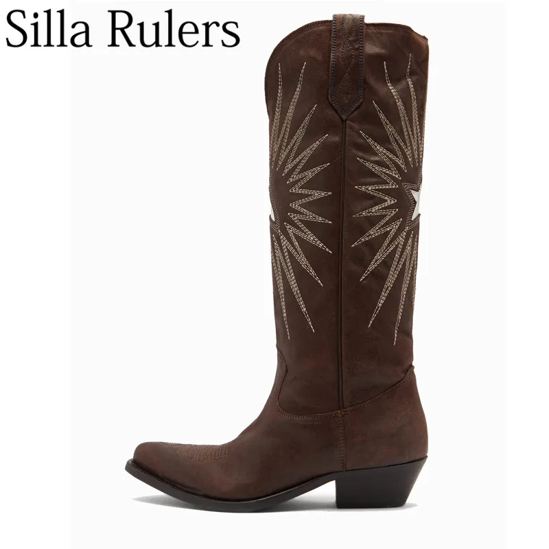 

Silla Rulers Botines Mujer 2018 Autumn Winter Embroidery Knee High Boots Woman Pointed Toe Square Chunky Heel Chivalry Boots