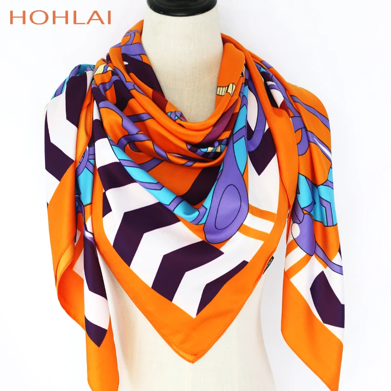 

New 100% Twill Silk Scarf Women Spain Belt Large Shawls Melt Print Stoles Square Bandana Luxury Kerchief Scarf Female Foulard