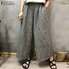 ZANZEA осенние широкие брюки повседневные женские клетчатые брюки с карманами из хлопка и льна Ретро свободные длинные брюки размера плюс