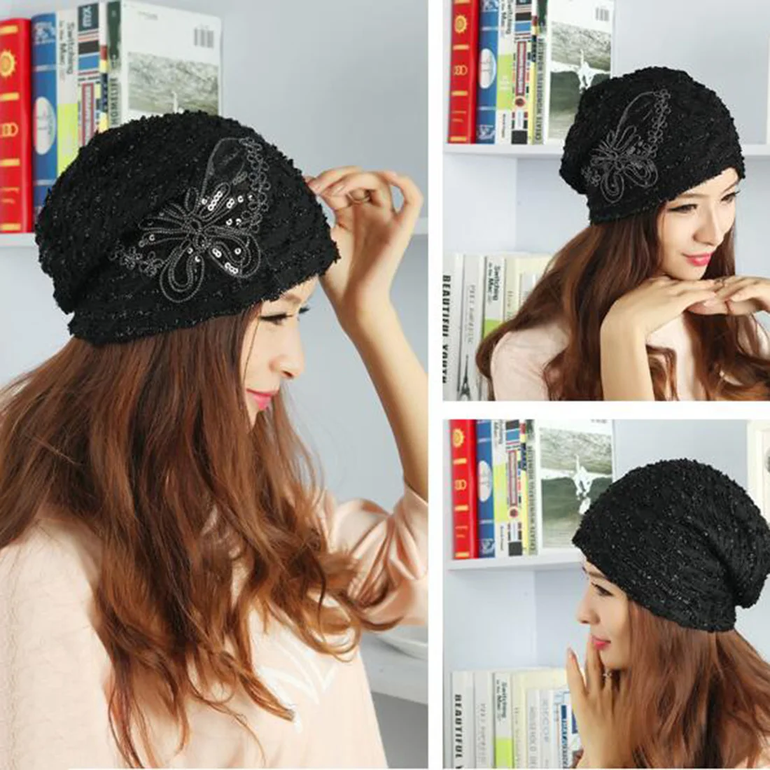 

2017 Women Autumn Winter Fashion Hedging Hat Lace Butterfly Beanies Warm Turban Cap Headgear