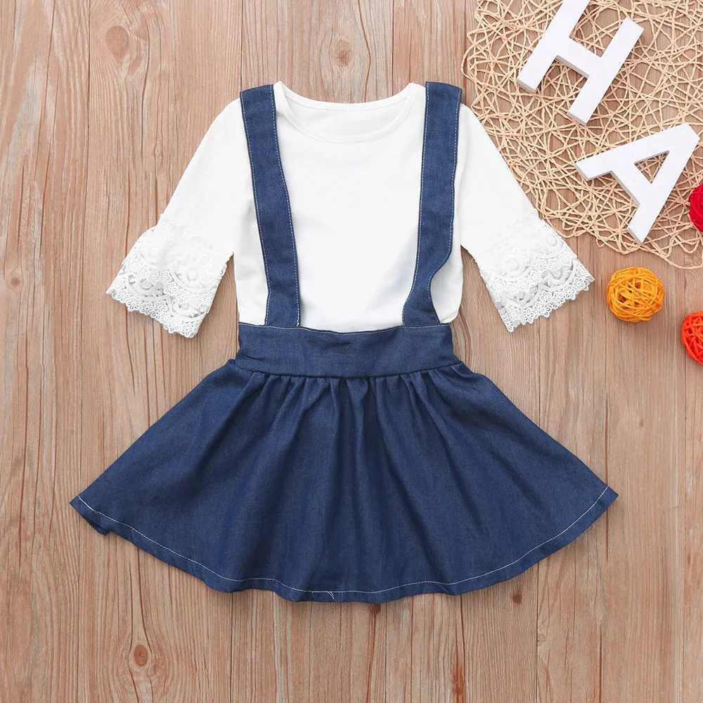 

2018 Hot Sale Christmas Clothing Toddler Infant Baby Girls Solid Lace Tops Overall Denim Skirt Clothing Sets #20