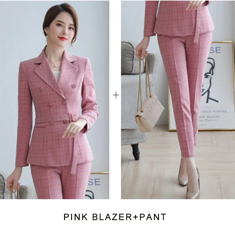 Розовый клетчатый Блейзер, профессиональный костюм, женский костюм, модный, приталенный, женский, новинка, осень, ol, рабочая одежда для офиса, женский костюм, платье - Цвет: Pink blazer-pant