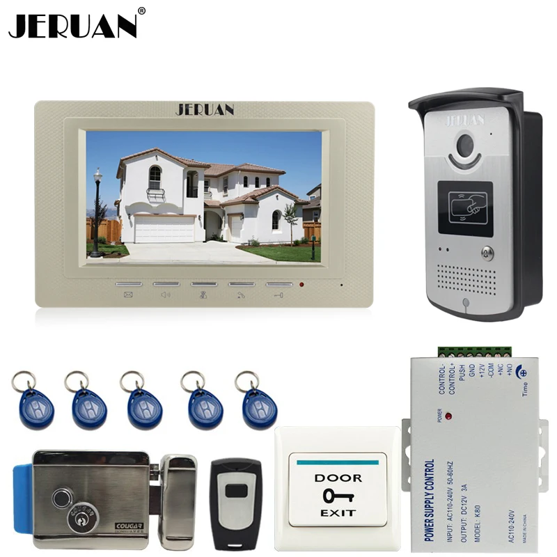 

JERUAN FREE SHIPPING 7`` Video DoorPhone Intercom System 1 Monitor +700TVL RFID Access Camera +Electronic lock + Exit button