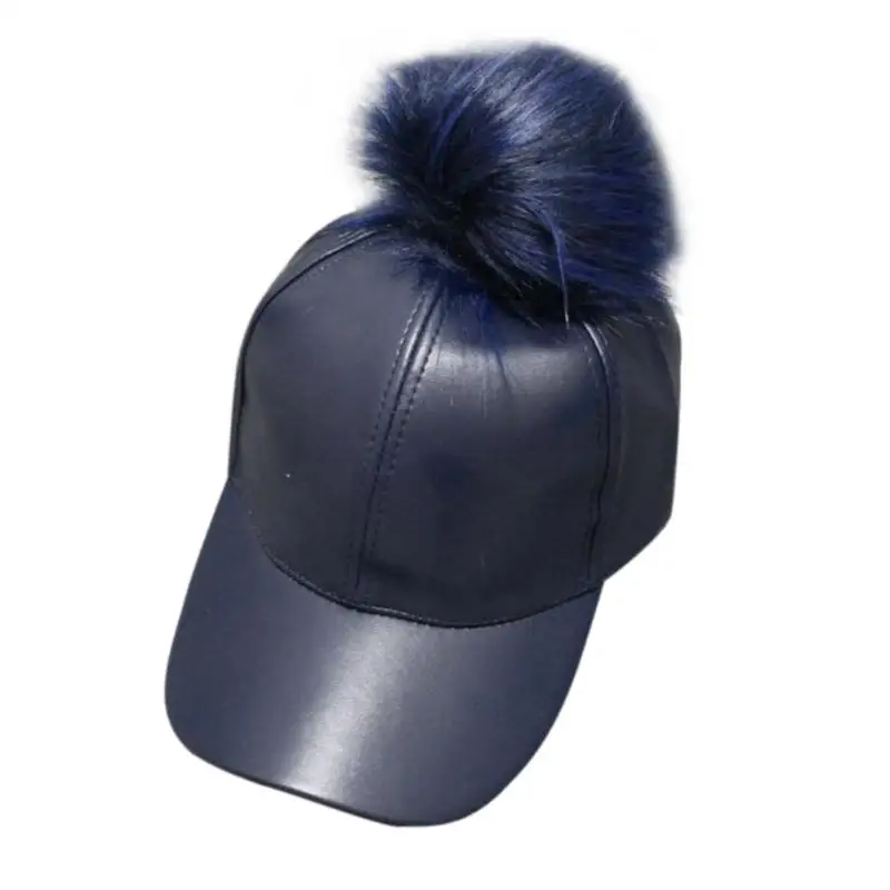 Новая Осенняя унисекс искусственная кожа бейсболка замша Регулируемый натуральный мех шапки с помпонами повседневные Snapback шапки - Цвет: Navy