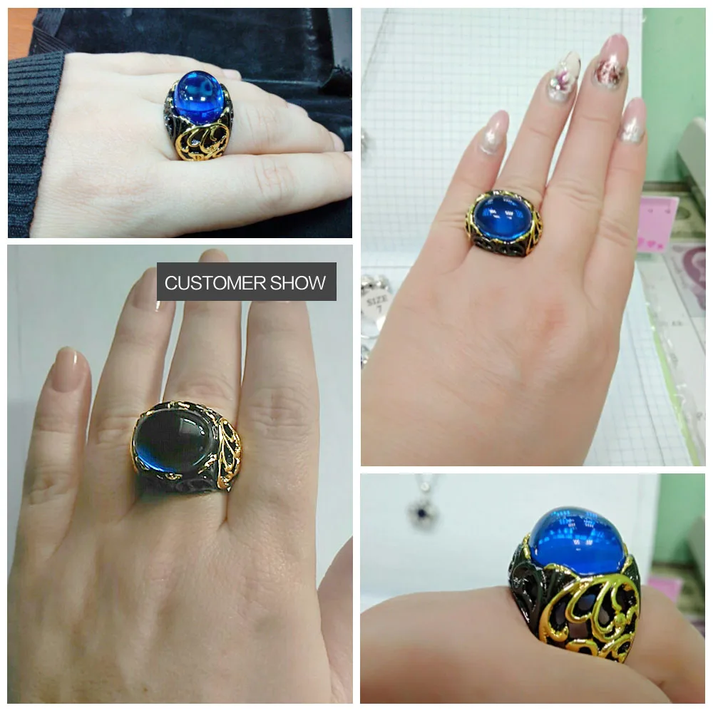 DreamCarnival 1989 Neo-Gothic Blue Rings for Women Black Gold Color Oval CZ Discount Coupon Hollow Vintage anillos mujer ZR14191
