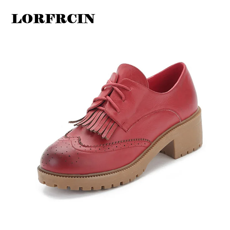 2017 Spring Autumn Black Square High Heel Women Shoes Genuine leather Brogue Shoes Woman Fringe Lace Up Ladies Casual Shoes