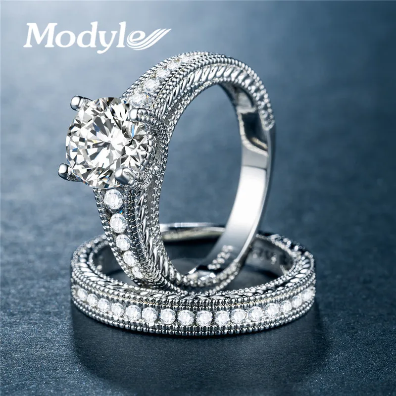 

Modyle Luxury Brand Fashion 2pcs/set Silver Color Bridal Set Ring for Women with Zircon Crystal Wedding Jewelry High Quality