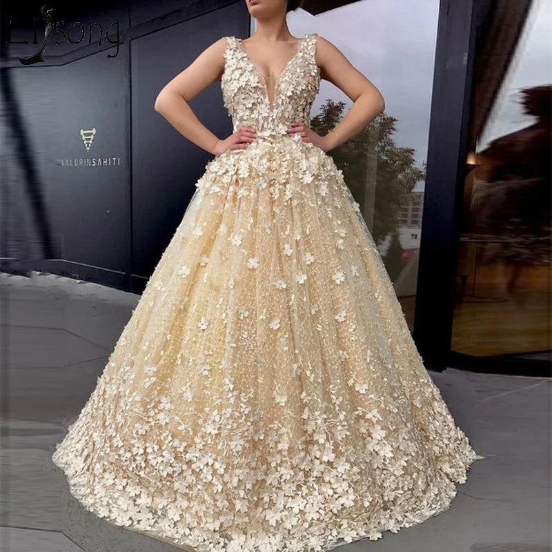 

Robe de soiree Chic 3D Floral Long Prom Gowns V Neck Beige Yellow Elegant Evening Wear Luxury Beaded Appliques Formal Dress 2019