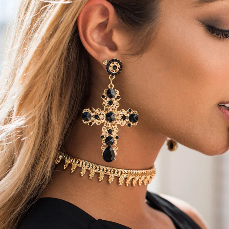 Vintage Boho Crystal Cross Drop Earrings for Women Baroque Bohemian Large Long Earrings Jewelry Brincos 2018