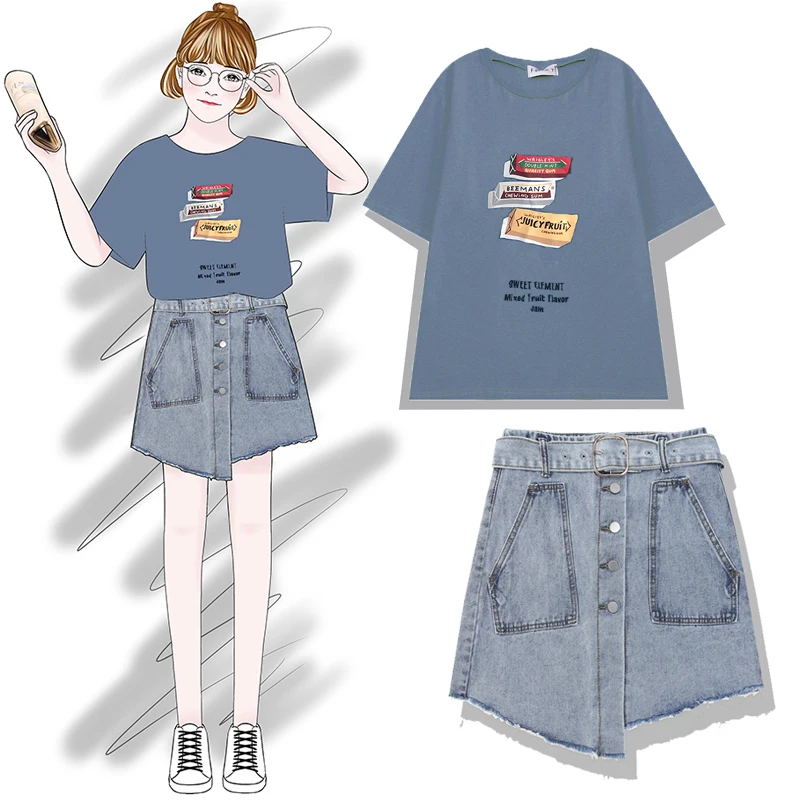 2019 new fashion women's two piece set Short Sleeve Tops Snacks Cartoon Print T-Shirt + Pack Hip Skirt Two-Piece Set | Женская