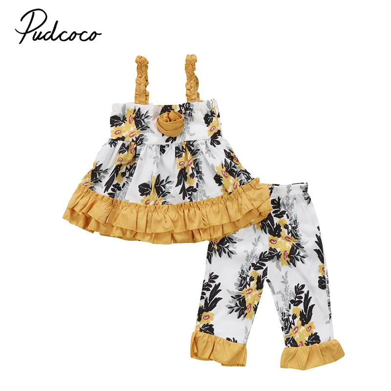 

2pcs Kids Baby Girl Summer Ruffles Clothes Set Floral Print Sleeveless Strap Vest Top Long Flare Pants Outfits 2018