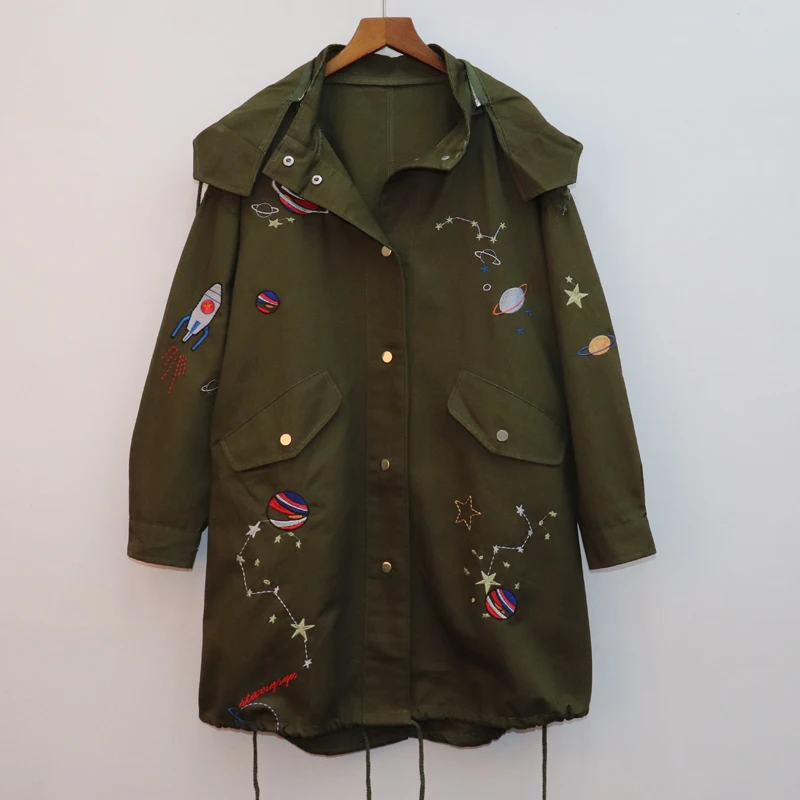

#3117 2018 Autumn Embroidery Star Hooded Long Loose Trench Coat For Women Pattern Streetwear Windbreaker Adjustable Waist Punk