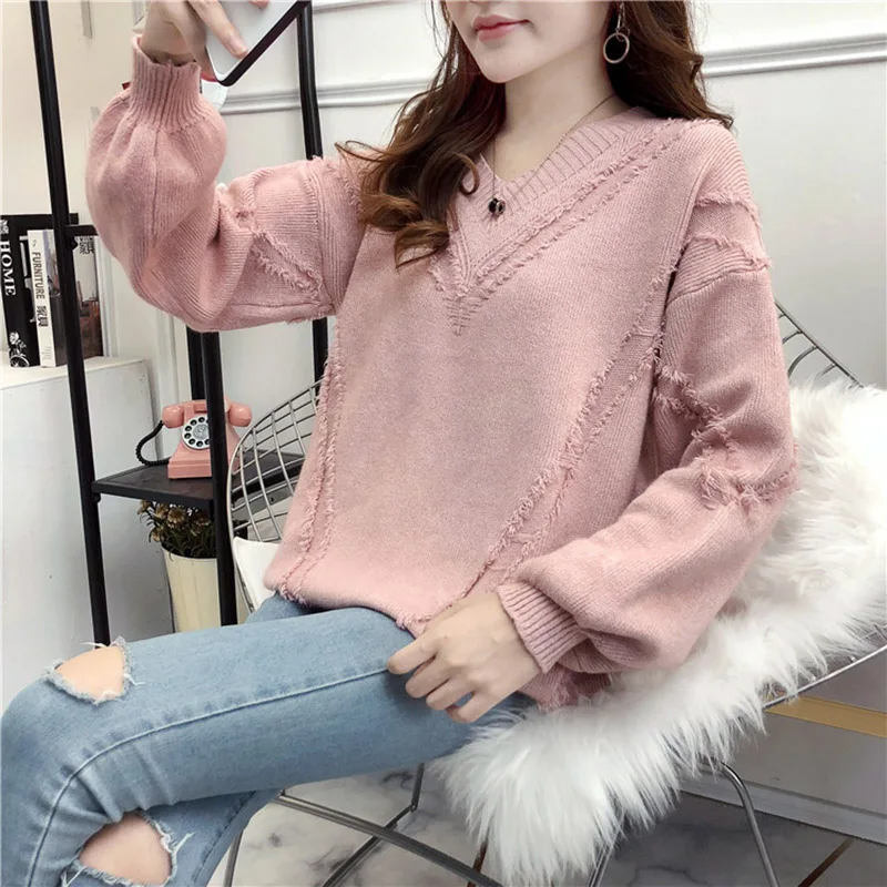 

Autumn Winter Women Knitted Sweater 2019 Casual Long Sleeve Pullovers Sweater Lady V-Neck Tassel Knitted Tops Femme Soft Sweater