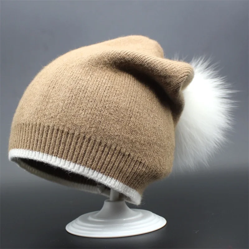 Minhui White Fox Fur Pompom Шапки Для женщин зимние Кепки s трикотажные Skullies шапочки капот женский Кепки Gorro