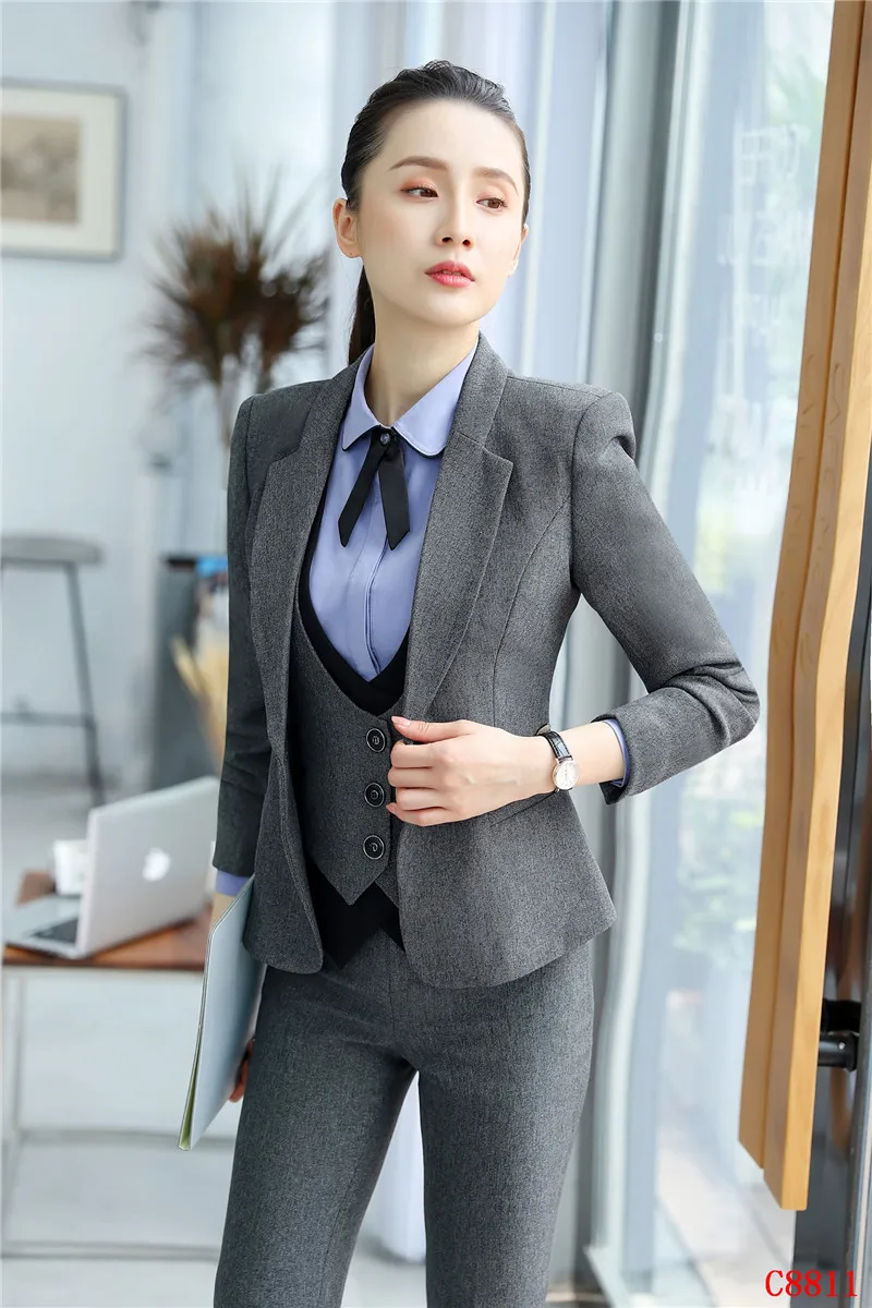 Fashion Formal Women Business Suits 3 Piece Vest, Pant and Jacket Sets Work Wear Ladies Grey Waistcoat OL Styles Fashion Formal Women Business Suits 3 Piece Vest, Pant and Jacket Sets Work Wear Ladies Grey Waistcoat OL Styles