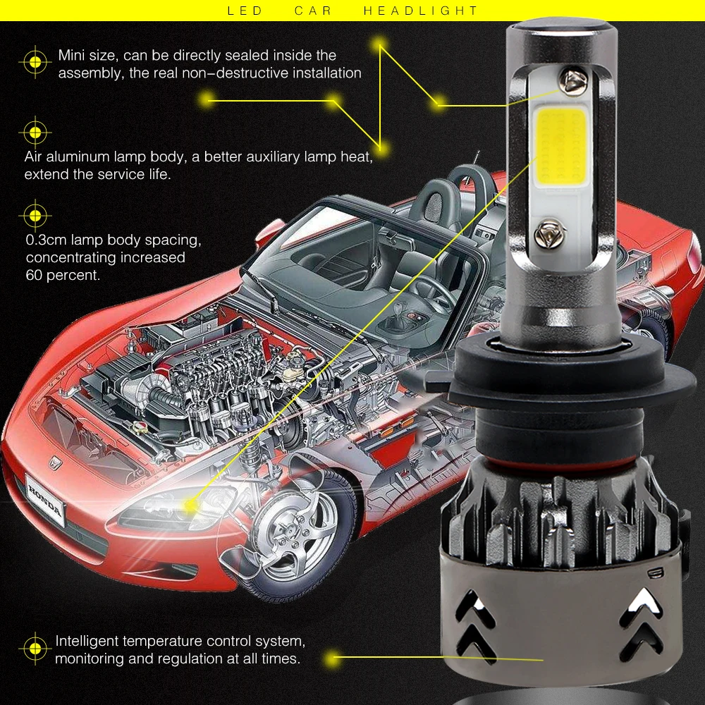 1 пара светодиодный Автомобильные фары лампы для передних фар H4 H7 9006 H8/H9/H11 IP68 модификация автомобиля 60 Вт 6000 мл 6000-6500K(Подол короче спереди и длиннее сзади) луч супер яркий