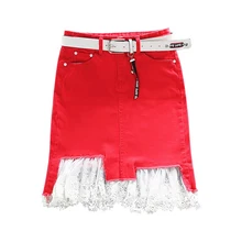 Корейская версия джинсовая юбка Женская высокая талия Весенняя новая юбка кружевная тонкая эластичная красная юбка H295