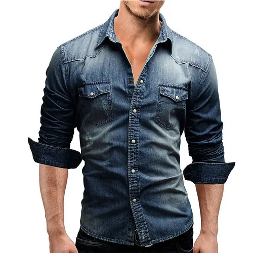 Мужская Модная приталенная джинсовая рубашка на пуговицах, повседневные джинсовые Футболки с длинным рукавом