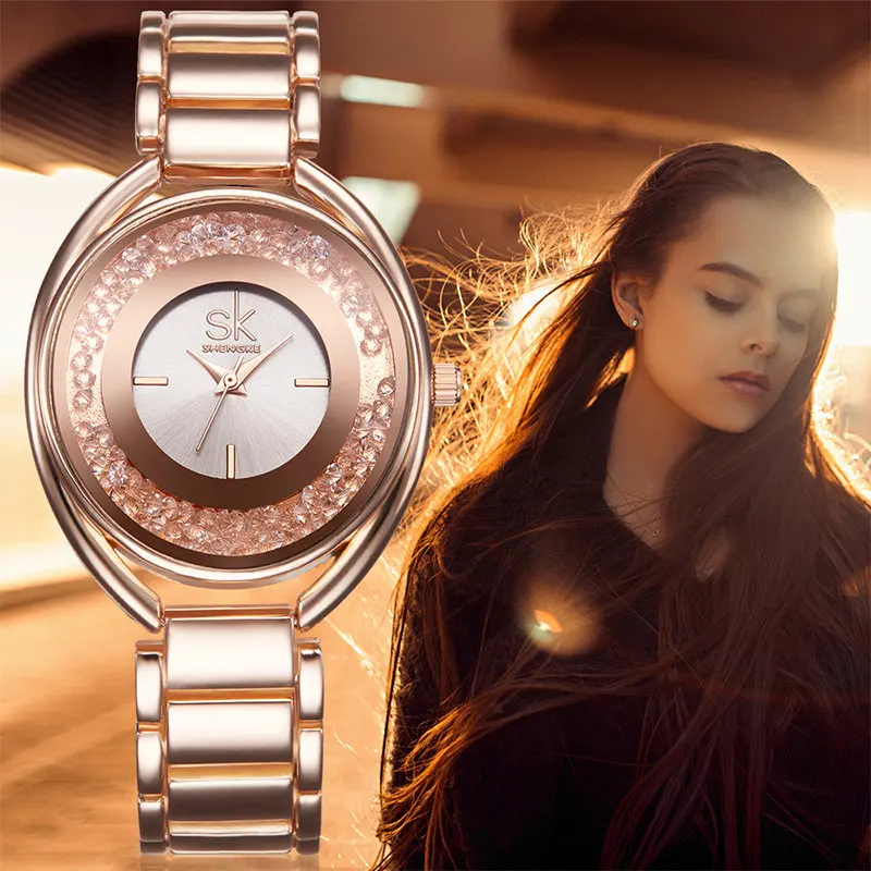 SK Brand Luxury Women Wrist Watches Fashion Rose Gold Silver Stainless Steel Women Quartz Dress Watch