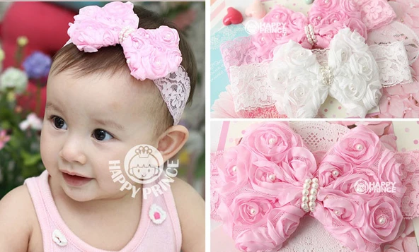 

2 colors pick Infant Toddler Girls Baby Headband Bowknot Flower Pearl Hair Band Elastic Lace A014