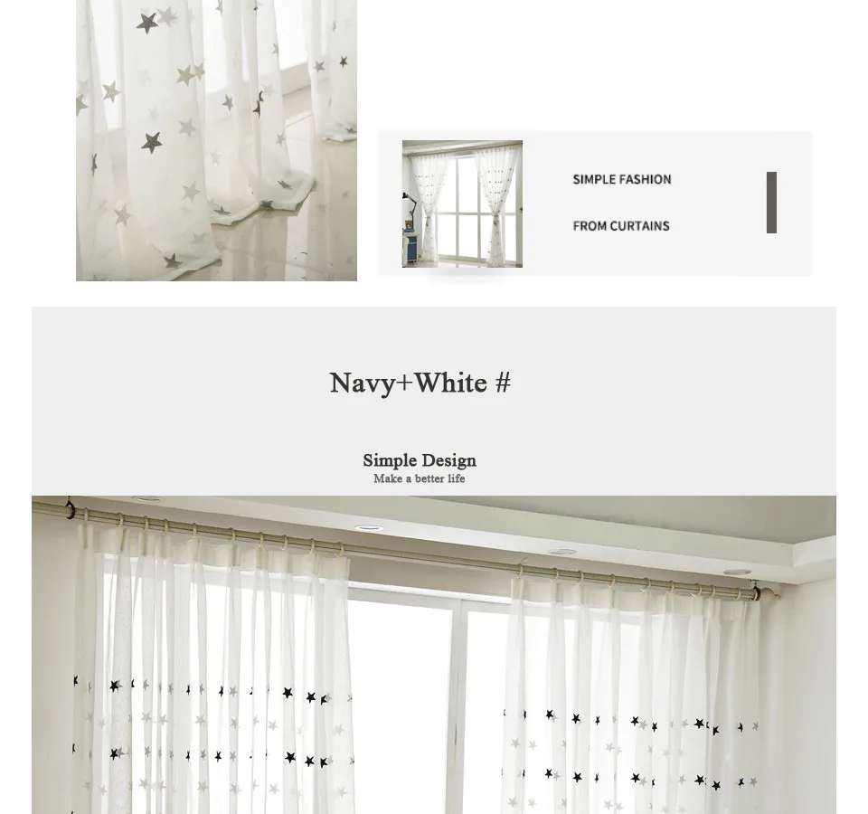 MAKEHOME, белые тюлевые шторы с 3D вышивкой в виде звезд для спальни, гостиной, кухни, отвесные занавески для детей, для дверей и окон в комнате, Cur