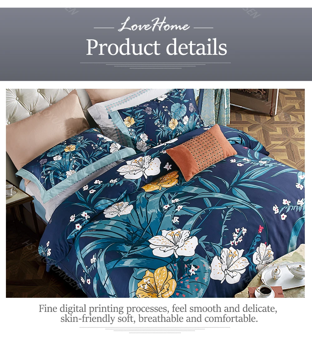 High Density 100S Bedding Sets Navy Blue Plant 3D Flower Printed 4pcs Bed Linen Set Cotton Double Bedsheet Set Queen King Size