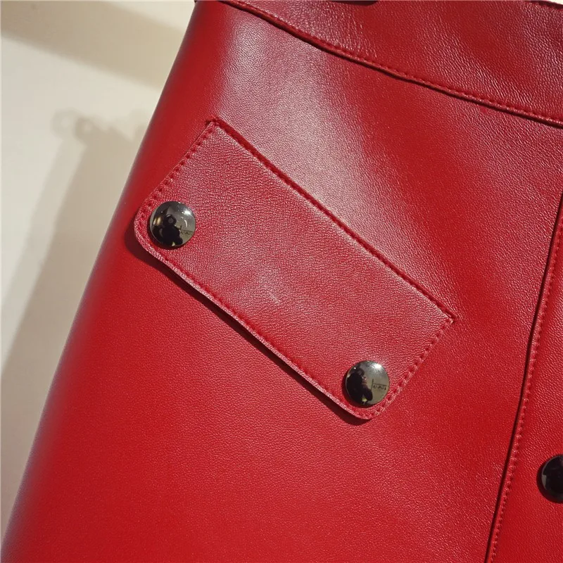 Top Quality Genuine Leather Womens Knee Length Skirts High Waist Single Breasted Pockets Office Ladies Sheepskin A-Line Skirts