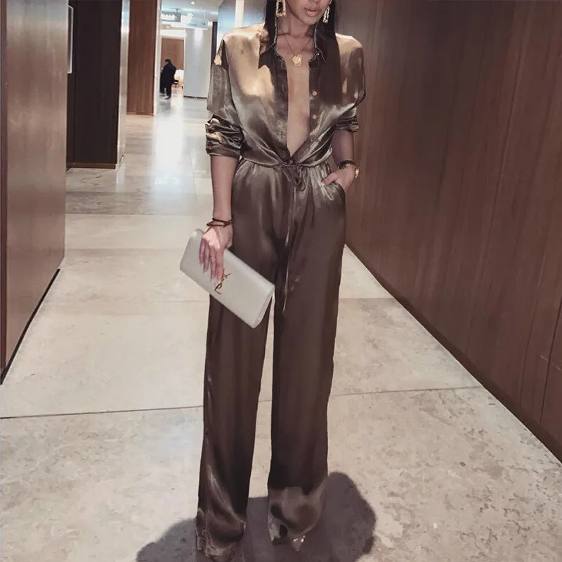 

2019 Quality Button Turn Down Deep V Neck Silk Jumpsuits Rompers Office Lady Loose Casual Pants Women Sashes Party Club Bodycon